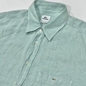 Lacoste Men Green Linen Button Up Long Sleeve Casual Pocket Logo‎ Shirt Sz 45 XL